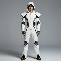 male ulzzang with white sci - fi leather garment and hood, black cybernetic enhancements, purple crystal glass inlays, full shot, fashion photography, by irving penn and storm thorgerson, ren heng