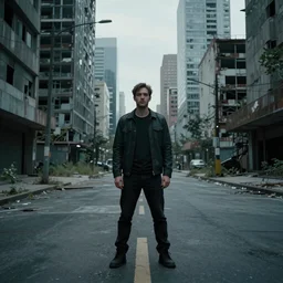 the last man standing is on an empty street in an abandoned cyberpunk city