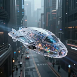 a translucent spaceship made of microscopic, multi-colored glitter flies above a narrow street in a cyberpunk city of the future