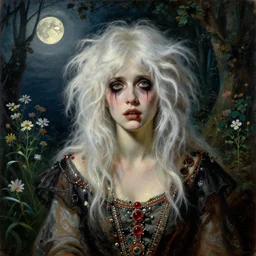 a baroque painting of a beautiful but creepy young woman in layers of fear, with haunted eyes, violence in her eyes, crazy white hair, wearing a punk outfit, 1 9 7 0 s, seventies, delicate embellishments, a little blood, woodland, moonlight shining on wildflowers, painterly, offset printing technique, by alexandre cabanel