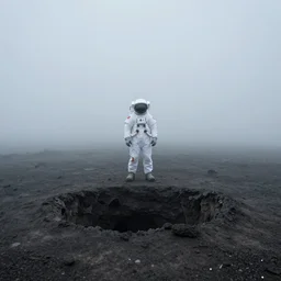 an astronaut standing next to a big hole in the ground, extremely foggy day, gray, moody, mysterious