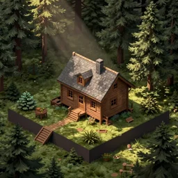 concept art of a cabin in the woods, isometric view, detailed, volumetric lighting, style of greg rutkowski