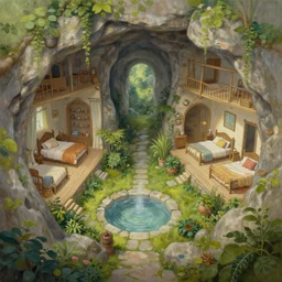 painting of a series of opposing living quarters overlooking a greatroom carved inside a mountain, lush garden with hot spring between, cozy bed, well maintained, clean, medieval, fantasy genre, natural light, fantasy, natural light, concept art, by greg rutkowski and craig mullins, cozy atmospheric and cinematic lighting, trending on artstation
