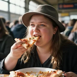film still close - up shot of fat greta thunberg wearing a hat giving a speech in a crowded train station eating pizza, smiling, the sun is shining. photographic, photography