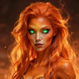 beautiful female alien with glowing green eyes, orange skin and long fiery hair, concept art by Christopher Balaskas, highly detailed, ultra detailed, ultra realistic, trending on artstation