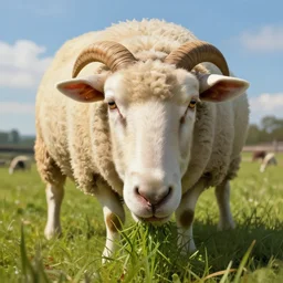 an portrait of an sheep eating grass, farm backround, sunny, happy, digital painting, artstation, concept art, donato giancola, Joseph Christian Leyendecker, WLOP, Boris Vallejo, Breathtaking, 8k resolution, extremely detailed, beautiful, establishing shot, artistic, hyperrealistic, octane render, cinematic lighting, dramatic lighting, masterpiece, light brazen, extremely detailed and beautiful face, centered, smooth, sharp focus