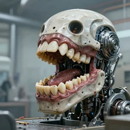 biomechanical industrial factory made to chew objects, biomechanical machine made of teeth, bioorganic robot mouth with teeth and gums, by hr giger!!!