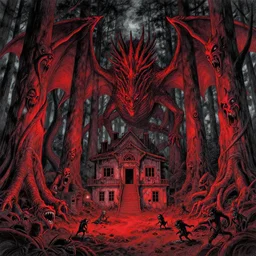 detailed landscape of a forest in hell by takeshi obata, hell, dragons!!, red and black!!, colored!!, abandoned building, forest, big trees with faces!!, scary faces, small demons!!, faces screaming in the ground!!, night sky, highly detailed, cgsociety, artstation, pencil and ink, very detailed