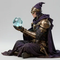side view of a sitting cloaked steampunk wizard holding crystal ball, high details, intricately detailed, by vincent di fate, inking, 3 color screen print, masterpiece, trending on artstation,, sharp, details, hyper - detailed, hd, 4 k, 8 k