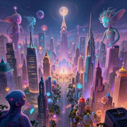 a psychedelic city at the edge of existence where intensely creative astral beings live, in the style of wlop, illustration, epic, fantasy, hyper detailed, smooth, unreal engine, sharp focus, ray tracing