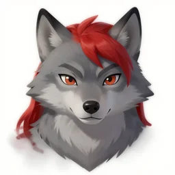 character concept art of a drak gray anthropomorphic furry wolf with red hair | | cute - fine - face, pretty face, key visual, realistic shaded perfect face, fine details by stanley artgerm lau, wlop, rossdraws, james jean, andrei riabovitchev, marc simonetti, and sakimichan, tranding on artstation