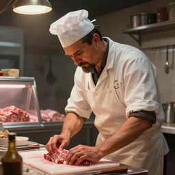 the butcher working hard in a butcher shop, digital painting, artstation, concept art, craig mullins, breathtaking, 8 k resolution, extremely detailed, beautiful, establishing shot, artistic, hyperrealistic, octane render, cinematic lighting, dramatic lighting, masterpiece, light brazen, extremely detailed and beautiful face