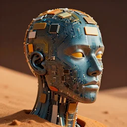 a close up portrait of a head made from electric circuits, nanometer design, silicone wafers, asml, microchips, autumn, haute couture, editorial photoshoot, futuristic, robotic, fashion photography, cinematic lightning, sand dunes