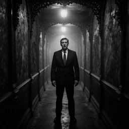 Ted Cruz standing at the end of a long, narrow corridor, black and white, creepy lighting, foggy atmosphere, scary, horror, ornate, eerie, fear