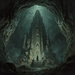 inscribed alien edifice in a cavern, atmospheric, ambient, livia prima, greg rutkowski, edward hopper, pj crook