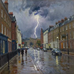a beautiful painting of rainy victorian london by jan bogaerts and asher brown durand, brushstrokes, brushstroke - laden, featured on artstation, thunderstorm