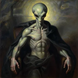 a symbolist painting of a powerful alien president in the style of Jacek Malczewski, corrupt power