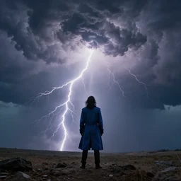 a man with a long wavy black hair wearing a long blue coat and stands with his back to the viewer on bare rocky ground looking up at an immense approaching lightning storm. roiling dramatic threatening dangerous looming clouds. fantasy art by greg rutkowski and michael whelan