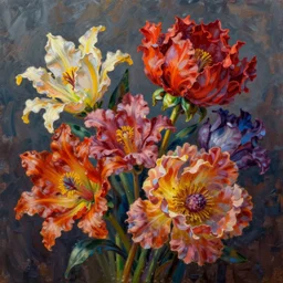 hyper detailed 3d octane render illustration like a Oil painting - a vivid exotic flower bouquet, long petals, huge blossoms, by Jacek Yerka, Mariusz Lewandowski, Laszlo generative render, long brush strokes, Masterpiece, Edward Hopper and James Gilleard, Zdzislaw Beksinski, Mark Ryden, Wolfgang Lettl, hints of Yayoi Kasuma, octane render, 8k