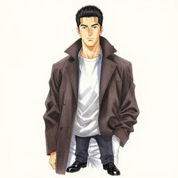 highly detailed colored ink illustration full shot portrait of jean reno starring in leon the professional, clean shaped illustration in style of furikuri and inachu takkyu - bu