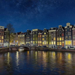 view from the amstel river in amsterdam at night, starlit sky, art by ippolito caffi, very beautiful, intricate, highly detailed, romantic painting