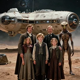 96k film still from a sci fi blockbuster color movie made in 2022, set in 1860, of a family standing in front of a spaceship that has just landed on an alien planet, a humanoid alien creature stands nearby, the family are all wearing 1850s era clothes, cinematic lighting, human faces, extremely good lighting, winner of seven oscars
