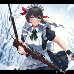 portrait of anime maid maid dress with rifle in hands running winter by greg rutkowski, key visual, kyoto animation, makoto shinkai, studio ghibli pixiv, sharp, detailed, high quality, award winning trending on artstation super detailed face sparkling eyes fingers