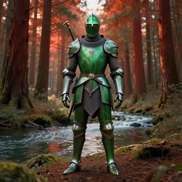 The Green Knight standing in a redwood forest near a river at sunset, anatomically correct, hyperrealistic, concept art, octane render, unreal engine 5, trending on Artstation, high quality, 8K, highly detailed, symmetrical, five fingers, path tracing, soft lighting