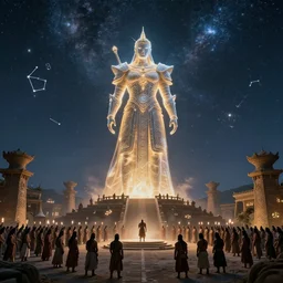 The large glowing futuristic warrior statue towers over the the chanting tribesmen worshipping in the center of their village. 1100 AD. The Milky Way Galaxy is visible in the night sky along with many constellations and nebulas. Cinematic, Award winning, ultra high resolution, intricate details, UHD 8K. Hidden message.