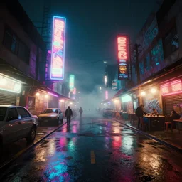 foggy rainy mood blade runner inspired environment night time scene in a urban market in guatemala with bright dramatic colorful lighting and neon advertising and graffiti all over the place with cyberpunk aesthetic and visually like gta v with game of the year edition graphics with bloom and lightshaft, with first person view