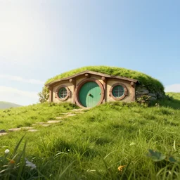 hobbit like house in grass field hill, sunny day, ray of light, volumetric, depth, sharp, hyperdetailed, moebius, artstation, cgsociety, 8 k
