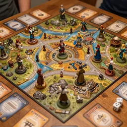 photo of a tabletop rpg with painted figurines placed on a three - dimensional board with complex terrain, and cards and dice.