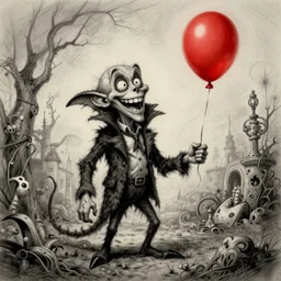 surrealism grunge cartoon sketch of a scar ecrow with a wide smile and a red balloon by - zdzisław Beksiński, loony toons style, horror theme, detailed, elegant, intricate
