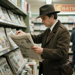 a 5 0's detective, buying newspaper at the newsstand