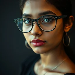 a portrait photograph of a nerdy young woman from hyderabad with big glasses and a black dress, dof, sharp focus, highly detailed face, symmetric face, realistic iris, cinestill 8 0 0 t, photography by paolo roversi
