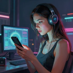 a painting of a woman holding a cell phone, cyberpunk art by lawrence harris, behance contest winner, computer art, retrowave, synthwave, future tech