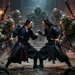 Photo of a vampire samurai fighting an army of trolls, dramatic lighting