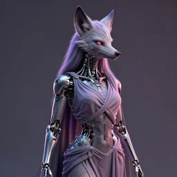 portrait of a draped werewolf priestess with delicate biomechanical components. safe for work, complementary colors, studio photography, 3 d render, 4 k, rimlight.