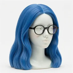 full head and shoulders, beautiful female porcelain sculpture, with realistic blue long fur, smooth, delicate facial features, white eyes, white lashes, black round reflective glasses, on a white background, by daniel arsham and james jean