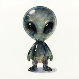cartoon alien made of dark glass, watercolour