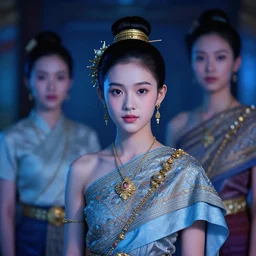 portrait of a thai cute girl wearing itraditional thai clothing by ilya kuvshinov and anna dittmann and studio ghibli and wlop and rossdraws, digital art, blue lighting, trending on artstation, anime arts, featured on pixiv, blue lighting, hd, 8 k, highly detailed, good lighting, beautiful, epic, masterpiece