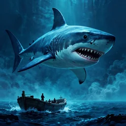 1 9 2 0 s poster art of an epic monster fantasy of a giant megalodon shark approaching an unsuspecting boat out at sea. fantasy science fiction. eerie neon cinema