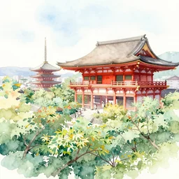 a beautiful watercolor painting of a japanese temple in the city, pastel colors, long staircase, trending on artstation, trending on behance, award winning artwork