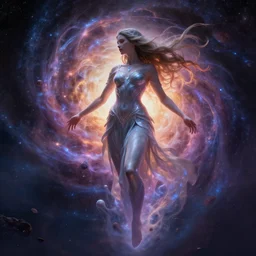 a goddess dissolving into a new universe, in the style of wlop and chad knight, illustration, epic, fantasy, hyper detailed, smooth, unreal engine, sharp focus, ray tracing