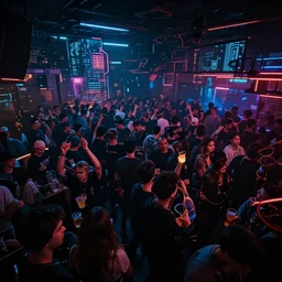 a high quality wide angle photo inside the rave dance club of a futuristic cyberpunk city, dark, crowded, drinks, dancing, neon lights, realism, 8k