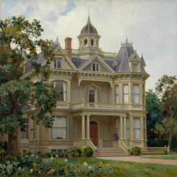 Painting of a grand victorian building with surrounding woodland. Detailed, in the style of John Constable