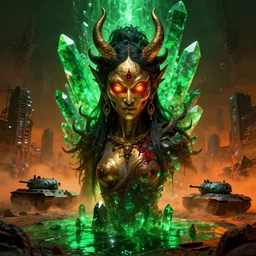 alien naraka korean buddhist female demon, glowing eyes in gold ambar and red blood, background green alien crystals, polished green quartz surface irradiating radioactive zombie infested city, a brams tank, dark apocalyptic orange dust wasteland, beksinski