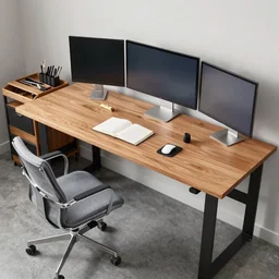 extremely detailed, wide angle, desktop oak wood desk, eames chair design, 3 2 inch monitor, notebook, workbench, storage, tools