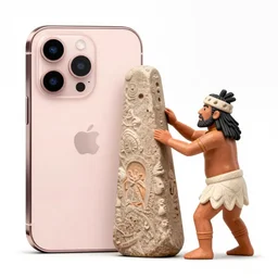 prehistoric man worshipping giant monolithic iphone 13