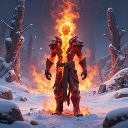 a lava man on a snowy biome, heatwave, fantasy, hyper realism, behance, artstation, unreal engine 5, octane, deviantart